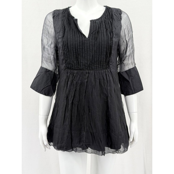 Gretchen Scott Designs Tops - Gretchen Scott Top Womens Medium Black Pintuck Pleated Sheer Sleeve Witchy Tunic